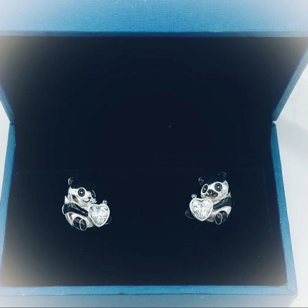 Panda Bear Sterling Silver CZ Heart Stud Earrings